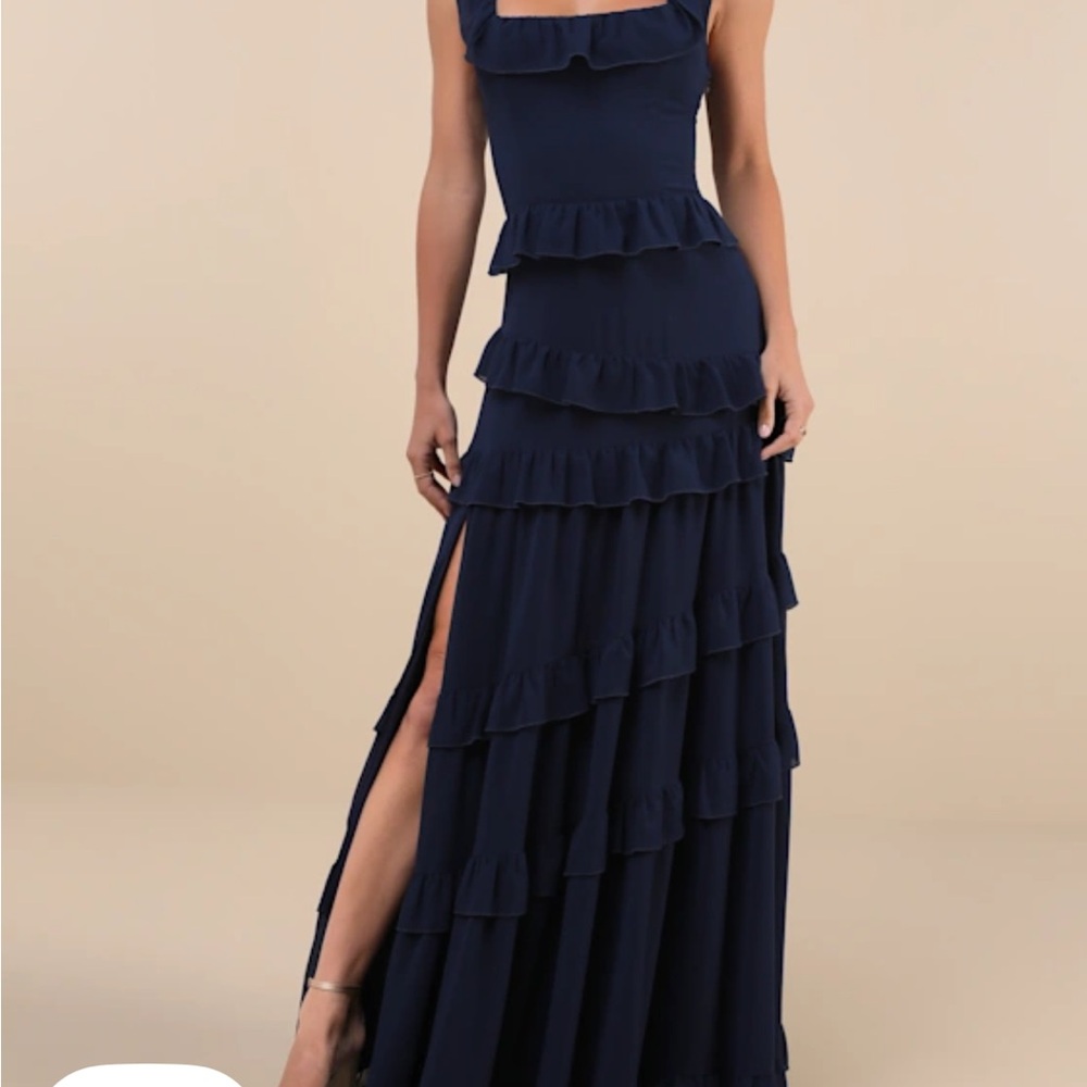 Compelling Romantic Dark Blue Ruffled Tiered Maxi Dress
